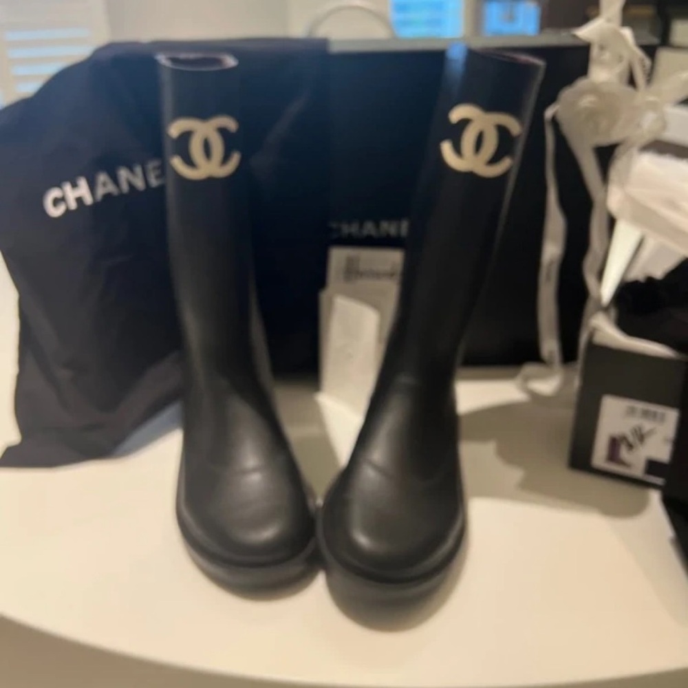 CHANEL Black Ankle Boots with Cream Logo
